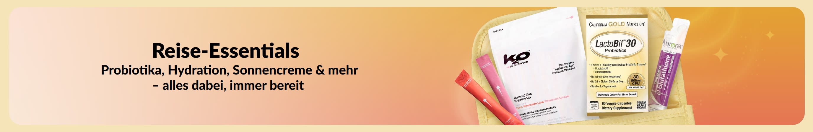 Buntes Banner mit der Aufschrift „Reise-Essentials“ links und verschiedenen Reiseartikeln, die aus einer Kulturtasche herausragen, rechts.