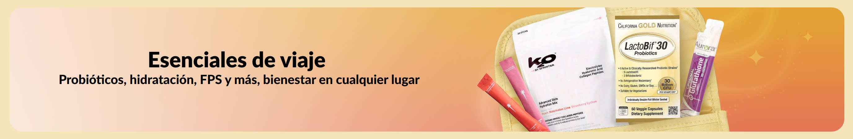 Banner colorido con el mensaje “Esenciales de viaje” y varios productos de viaje saliendo de un neceser.