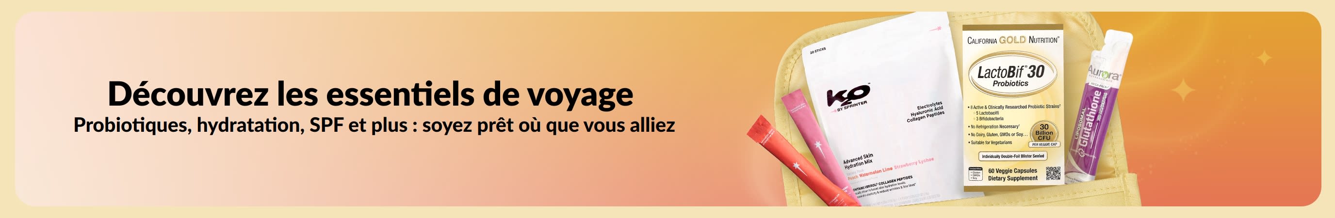 Bannière multicolore avec le message « Essentiels de voyage » et divers produits de voyage sortant d’une trousse de toilette.