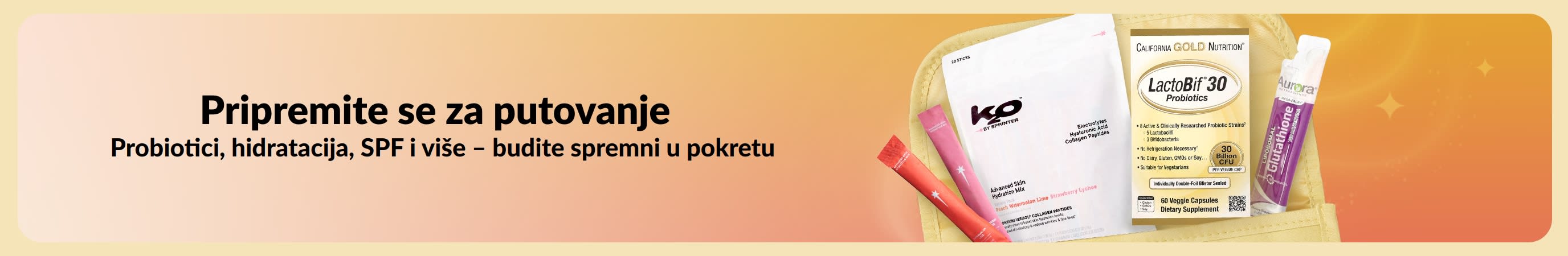 Višebojni reklamni natpis s porukom „Pripremite se za putovanje” na jednoj strani te raznim putnim proizvodima u kozmetičkoj torbici na drugoj strani.