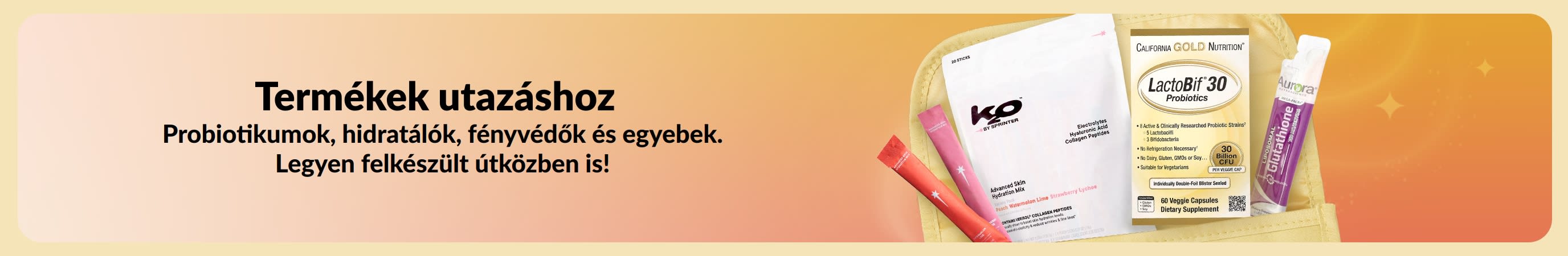 Sokszínű banner, amelynek egyik oldalán a „Termékek utazáshoz” felirat látható, a másik oldalán pedig egy neszesszerből kilógó, különféle utazási termékek láthatók.