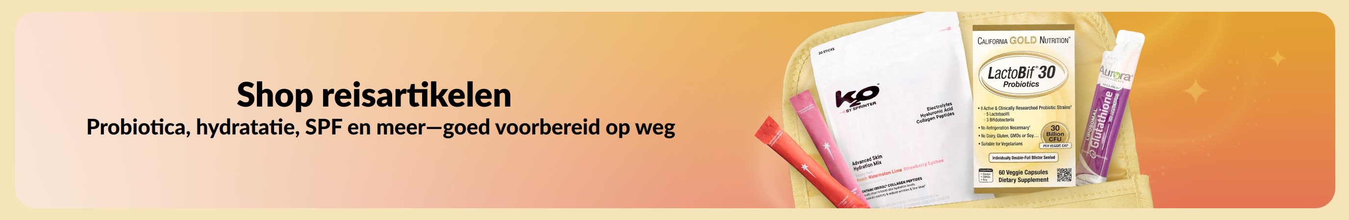 Een veelkleurige banner met aan de ene kant de boodschap 'Koop reisartikelen' en aan de andere kant diverse reisproducten die uit een toilettas komen.