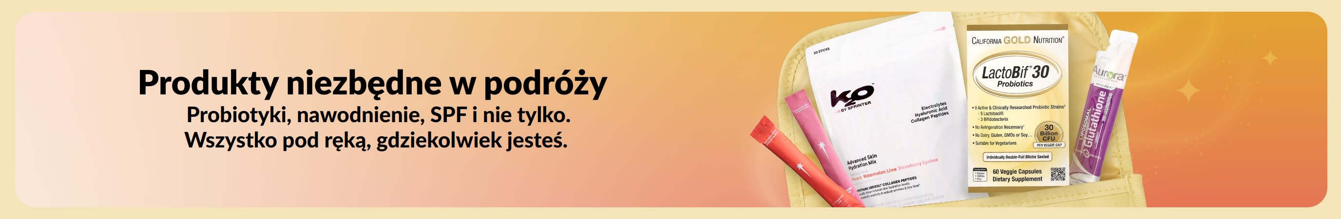 Wielokolorowy baner z napisem „Produkty niezbędne w podróży” po jednej stronie oraz różnymi produktami turystycznymi wysuwającymi się z kosmetyczki po drugiej stronie.