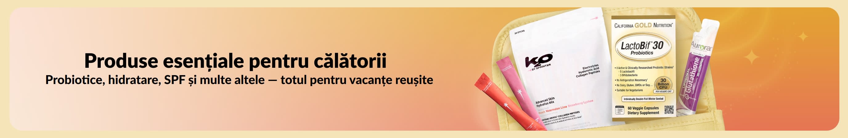 Banner multicolor cu mesajul „Produse esențiale pentru călătorii” și articole într-o geantă de toaletă.