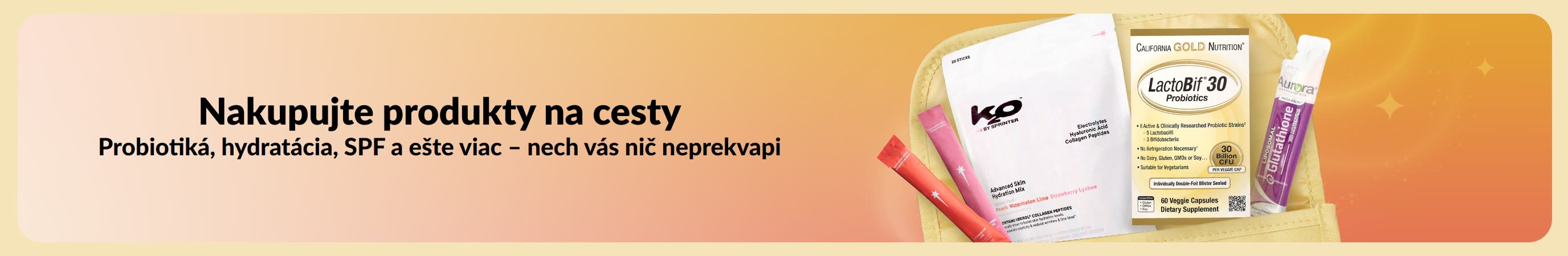 Farebný baner s nápisom „Nakupujte produkty na cesty“ a rôznymi cestovnými produktmi v kozmetickej taštičke.