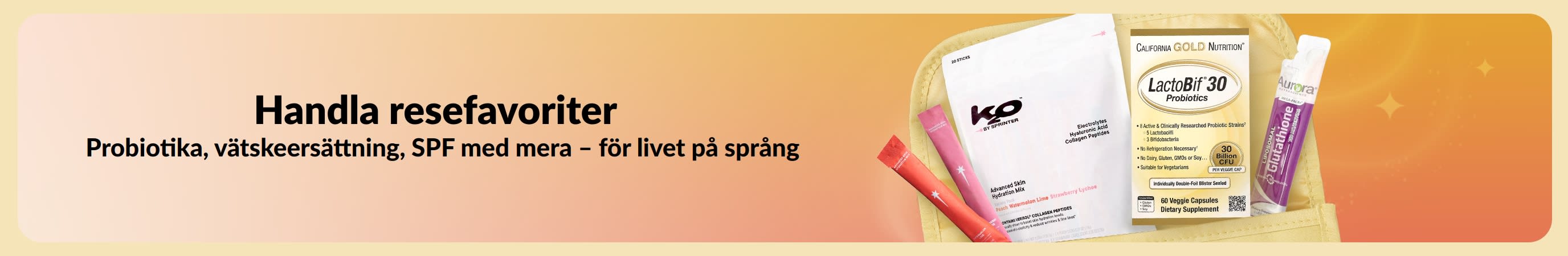 Flerfärgad banner med meddelandet Handla resefavoriter på ena sidan och olika reseprodukter som kommer ut ur en necessär på andra sidan.