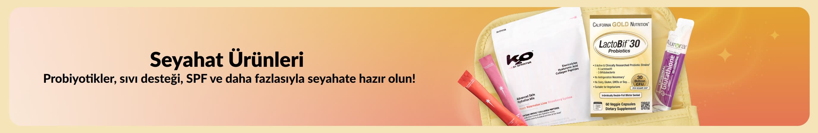 Bir tarafında “Seyahat Ürünleri” mesajı, diğer tarafında ise bir bakım çantasından çıkan çeşitli seyahat ürünleri bulunan çok renkli banner.