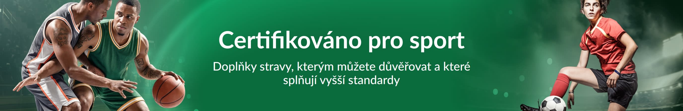 Zelený banner se sportovci. Text uprostřed: „Sportovní certifikace. Důvěryhodné doplňky stravy s vyššími standardy.“
