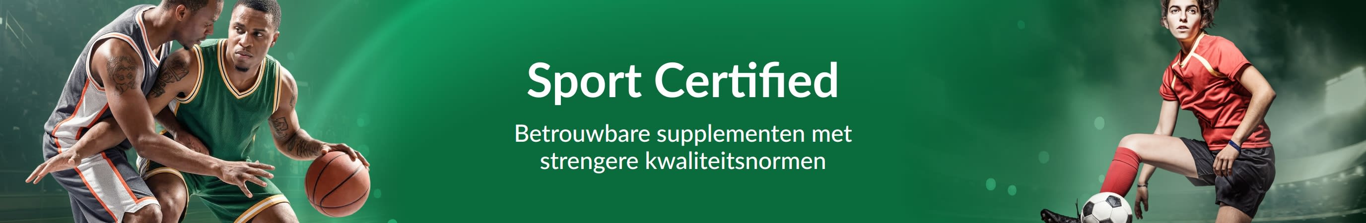 Groene banner met sporters. In het midden staat de tekst: 