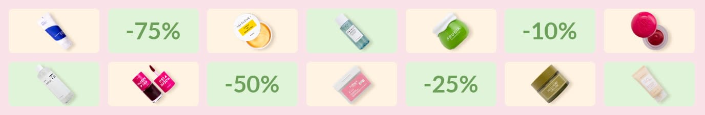Various Korean beauty products that are between 10% and 75% off.