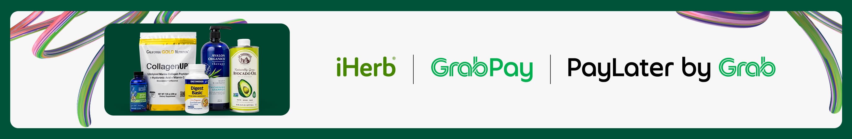 Sepanduk promosi iHerb dan Grab PayLater menampilkan produk kesejahteraan seperti kolagen, suplemen dan item penjagaan diri.