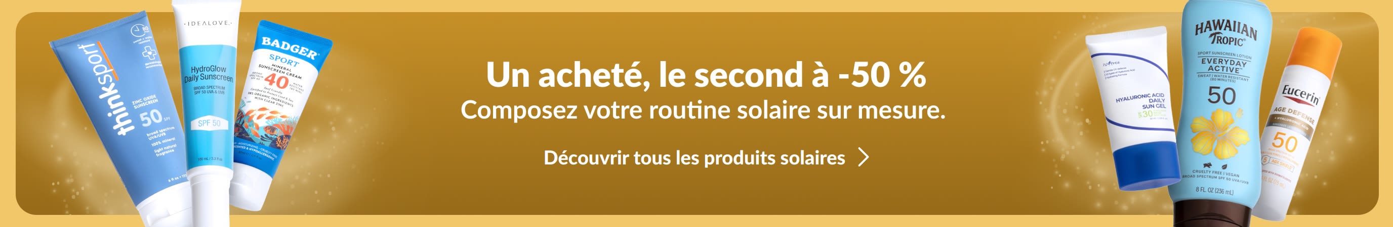 Two groups of various suncreen products on either side of a gold banner. Promotional copy on the banner says, 