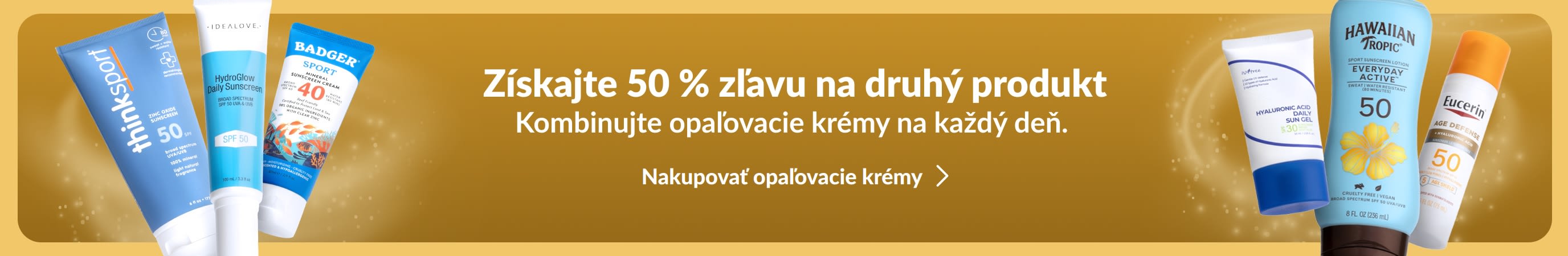 Dve skupiny opaľovacích krémov na opačných stranách zlatého banera s textom „Získajte 50 % zľavu na druhý produkt“.