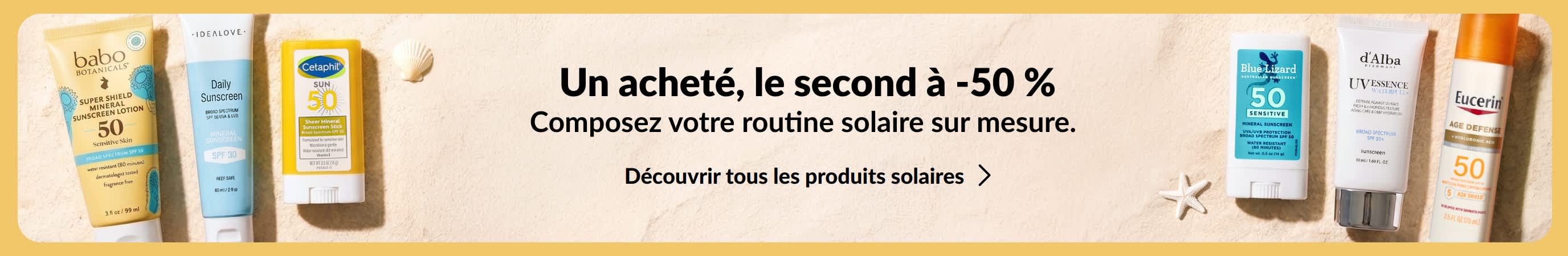 Two groups of various suncreen products on either side of a gold banner. Promotional copy on the banner says, 