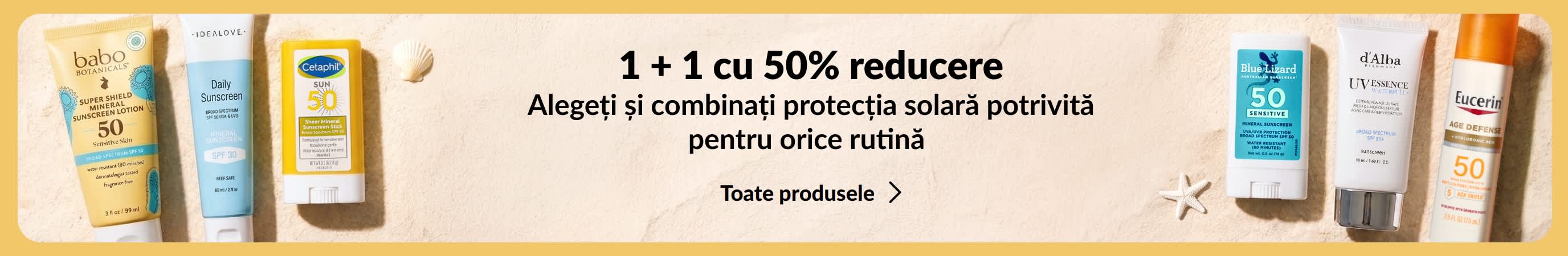 Două grupuri de produse de protecție solară pe un banner auriu cu textul promoțional „1 + 1 cu 50% reducere”.