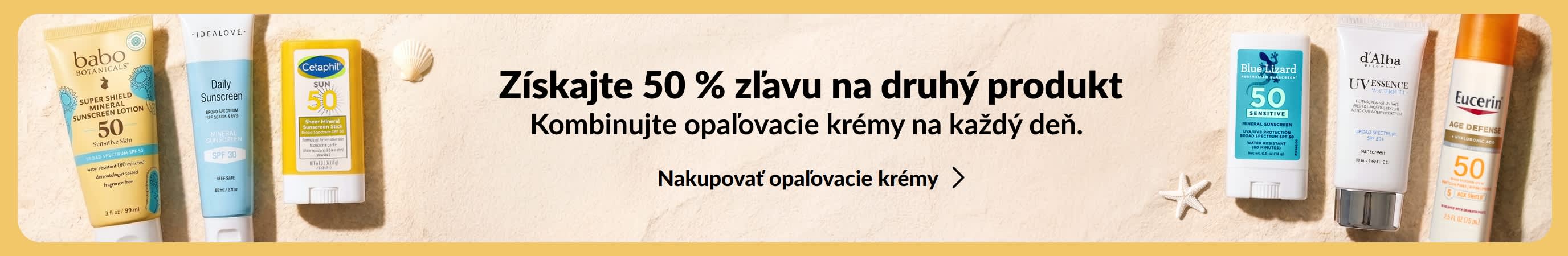 Dve skupiny opaľovacích krémov na opačných stranách zlatého banera s textom „Získajte 50 % zľavu na druhý produkt“.