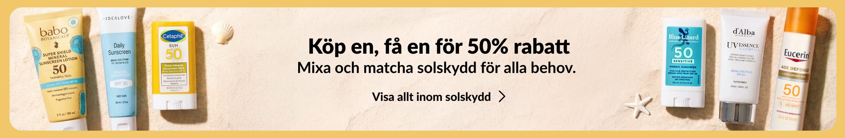 Två grupper av olika solskyddsprodukter på vardera sida av en guldfärgad banner. Marknadsföringstexten säger 