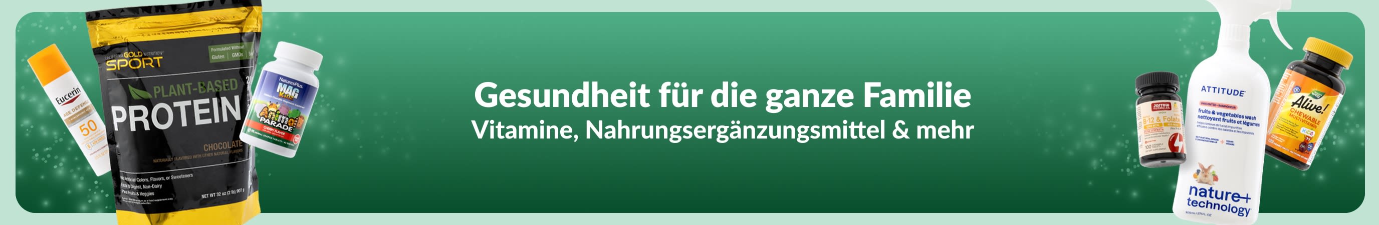 Zwei Gruppen mit verschiedenen Produkten auf beiden Seiten eines grünen Banners. Die Botschaft auf dem Banner lautet: „Gesundheit für die ganze Familie - Vitamine, Nahrungsergänzungsmittel und mehr“.