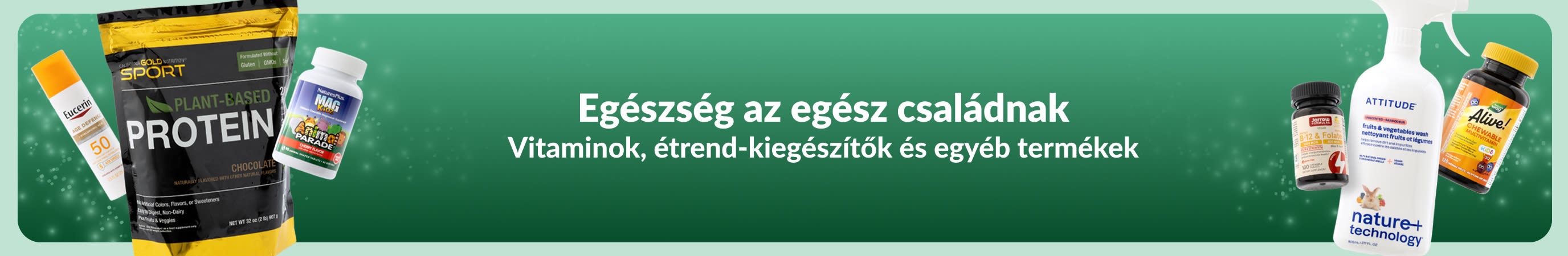 Két különböző termékcsoport egy zöld szalagcím két oldalán. A szalagcím felirata: „Egészség az egész családnak. Vitaminok, étrend-kiegészítők és egyéb termékek.”