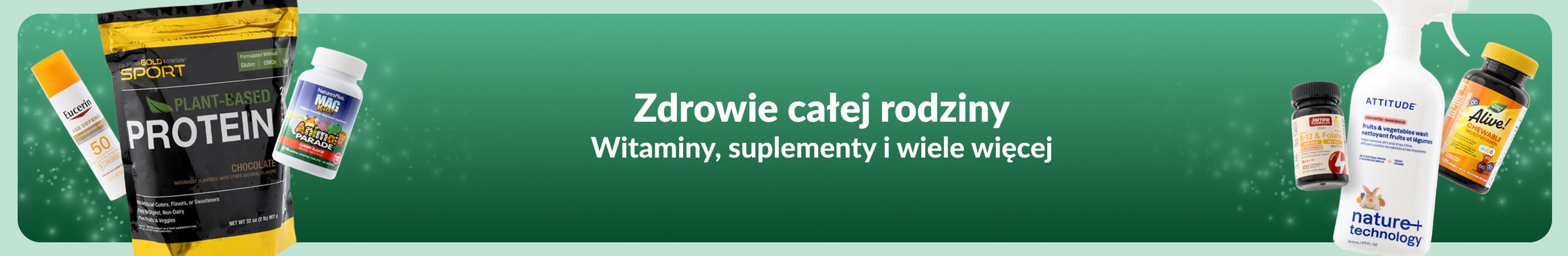 Dwie grupy różnych produktów po obu stronach zielonego baneru. Komunikat na banerze głosi: „Zdrowie całej rodziny. WItaminy, suplementy i wiele więcej”.