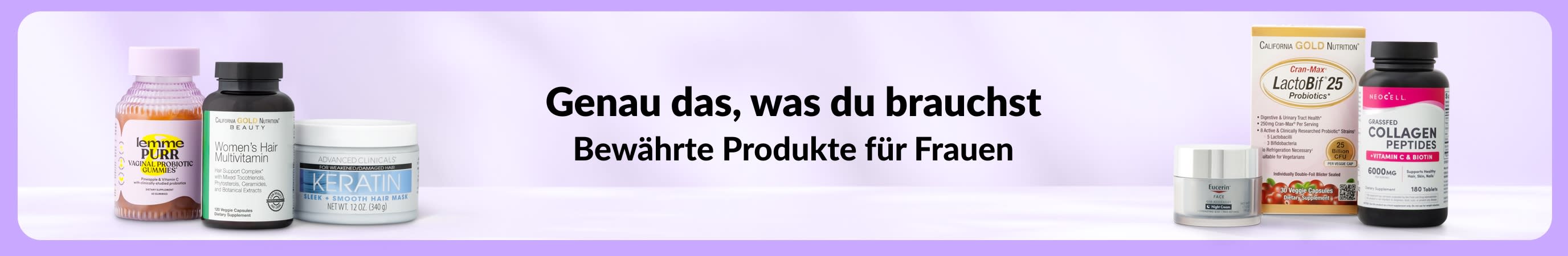 Helllila Banner mit dem Text Genau das, was du brauchst Bewährte Produkte für Frauen in der Mitte und jeweils ein paar Produkte für Frauen rechts und links.