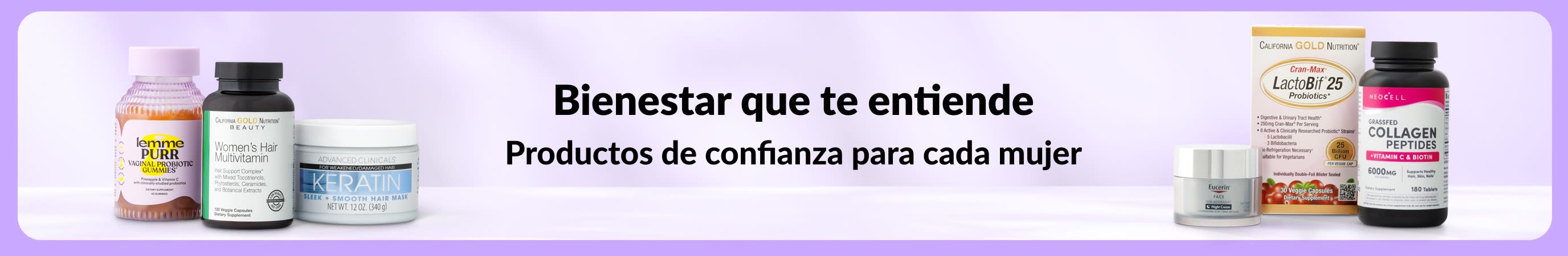 Banner morado claro con el mensaje 'Bienestar que te entiende. Productos de confianza para cada mujer' en el centro, y dos grupos pequeños de productos para la mujer a la izquierda y a la derecha.