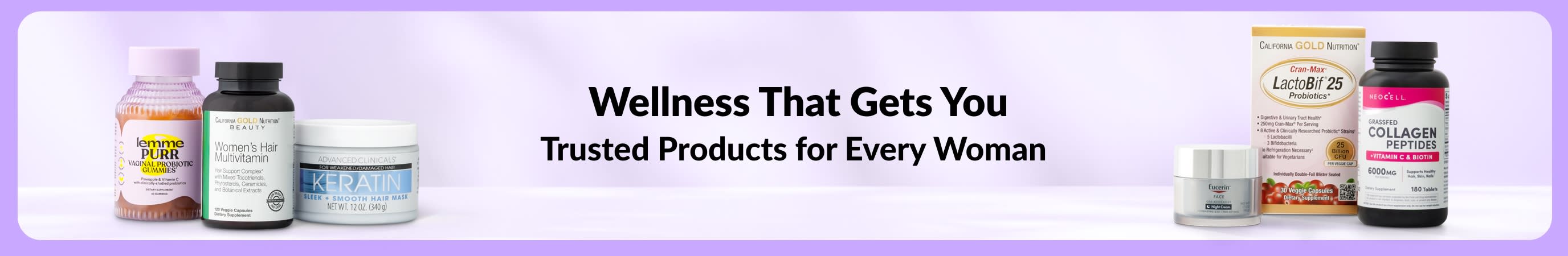 Light purple banner with the message Wellness That Gets You Trusted Products for Every Woman in the center and two small groups of women's products on the left and right.