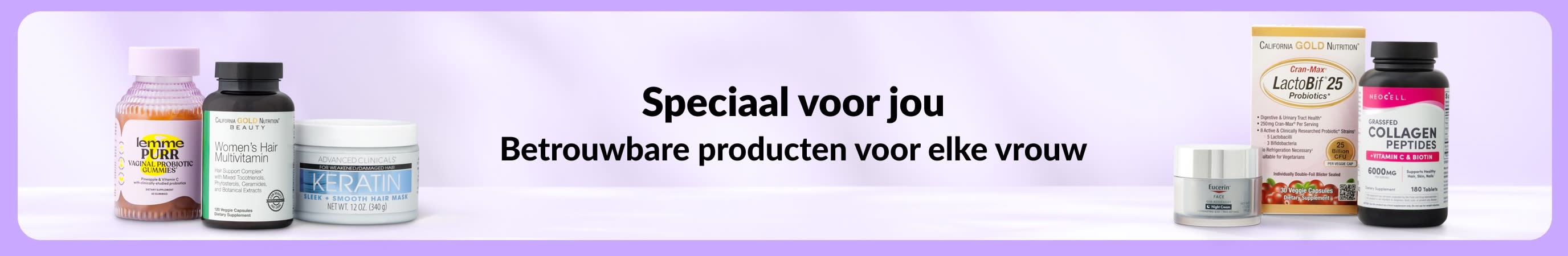 Lichtpaarse banner met in het midden de boodschap 'Speciaal voor jou. Betrouwbare producten voor elke vrouw' en aan de linker- en rechterkant twee kleine groepjes met damesproducten.