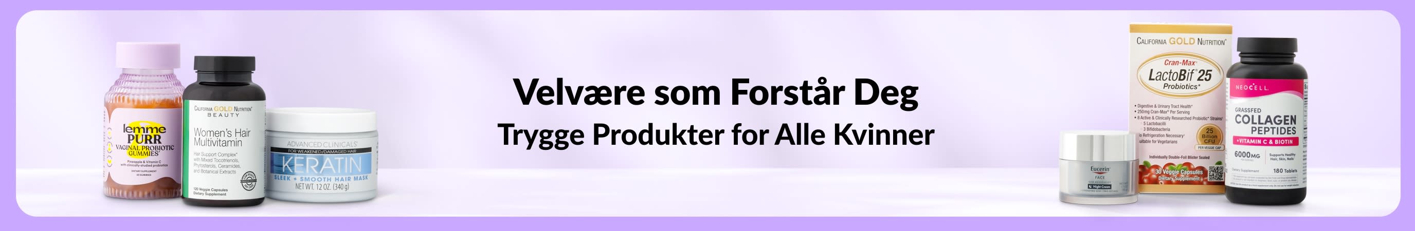 Lyseilla banner med teksten «Velvære som forstår deg – Trygge produkter for enhver kvinne» i midten, og to små grupper med produkter for kvinner på venstre og høyre side.