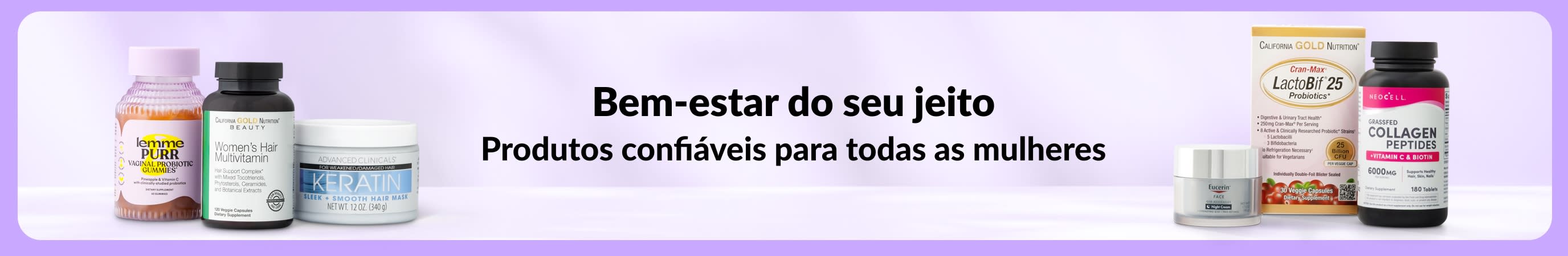 Banner em roxo claro escrito “Bem-estar do seu jeito” e “Produtos confiáveis para todas as mulheres” no centro, com dois grupos de produtos femininos à esquerda e à direita.