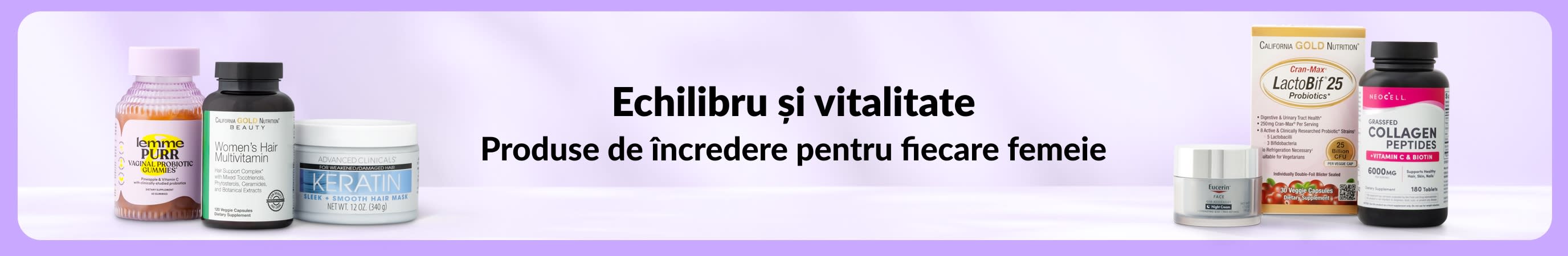 Banner lila cu mesaj „Echilibru și vitalitate - produse de încredere pentru fiecare femeie” și produse în stânga și dreapta.