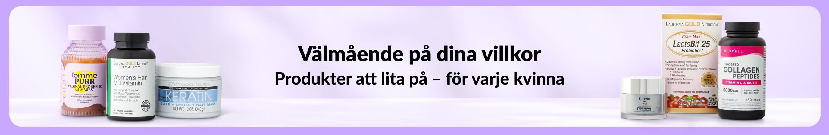Ljuslila banner med budskapet Välmående på dina villkor, Produkter att lita på – för varje kvinna i mitten och två små grupper av produkter för kvinnor till vänster och höger.