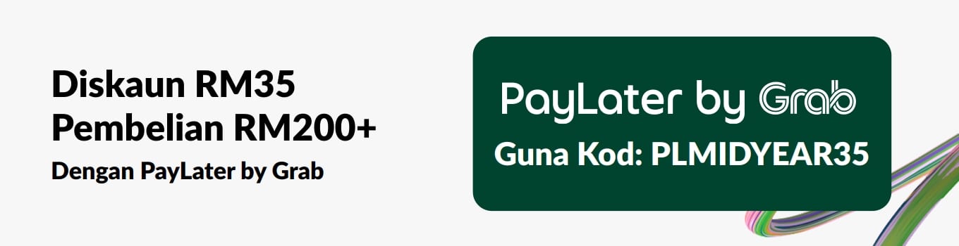 Sepanduk PayLater by Grab menawarkan diskaun RM35 untuk pesanan iHerb RM200+, kod   promosi PLMIDYEAR35 bagi pengguna yang layak