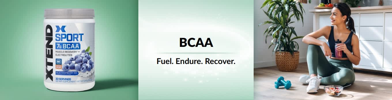 iHerb BCAA banner featuring a woman recovering from a workout with a BCAA product in the foreground.