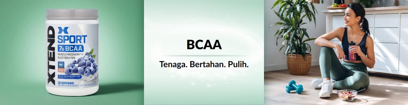 Sepanduk BCAA iHerb menampilkan wanita pulih selepaas senaman dengan produk BCAA di latar hadapan.