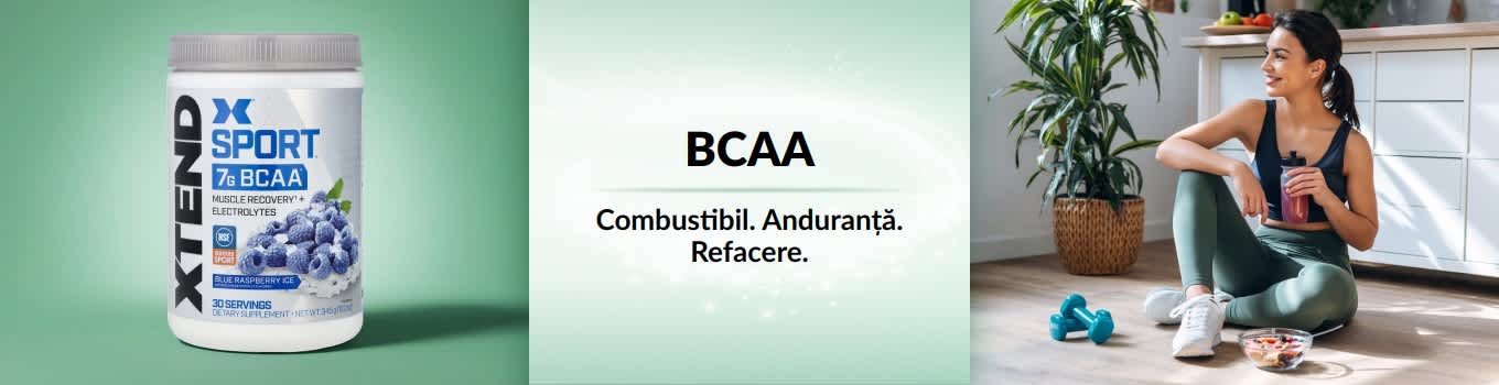 Banner iHerb BCAA cu o femeie care se recuperează după un antrenament, cu un produs BCAA în prim-plan.