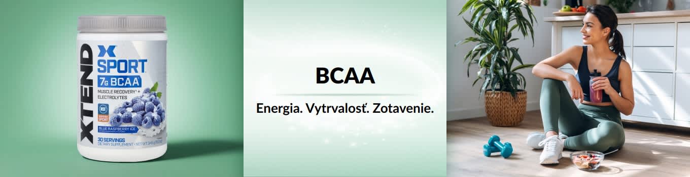 Baner iHerb o BCAA so ženou, ktorá sa zostavuje po tréningu. V popredí je produkt BCAA.
