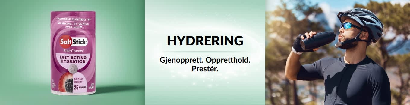 iHerb Hydration-banner som viser en mann som stopper på sykkelen for å drikke vann, med et hurtigvirkende hydreringsprodukt i forgrunnen.