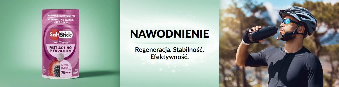 Baner iHerb nawodnienie, przedstawiający mężczyznę, który zatrzymał się na rowerze, aby napić się wody. Na pierwszym planie znajduje się szybko działający produkt nawadniający.