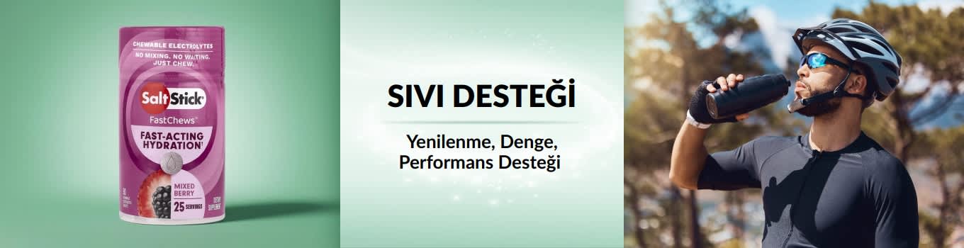 Ön planda hızlı etkili bir sıvı desteği ürünü, arka planda ise su içmek için bisikletini durduran bir erkeğin yer aldığı iHerb sıvı desteği bannerı.