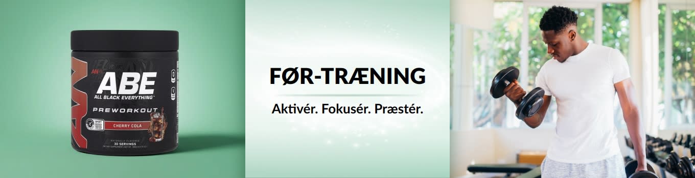 iHerb før-træningsbanner med en mand, der løfter vægte med et før-træningsprodukt i forgrunden.