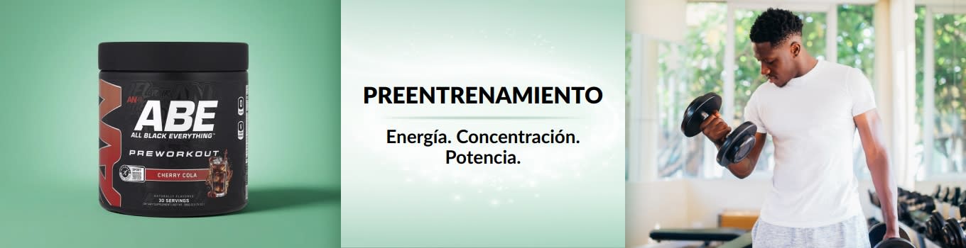 Banner de Preentrenamiento de iHerb con un hombre levantando pesas y un producto para el preentrenamiento.