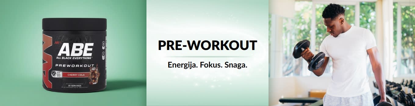 iHerb reklamni natpis za dodatke prije treninga koji prikazuje muškarca kako diže utege, s pre-workout proizvodom za u prvom planu.