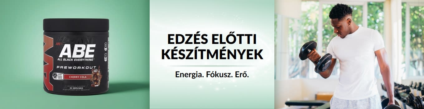 iHerb edzés előtti készítményeket népszerűsítő banner, amelyen egy súlyzókat emelő férfi látható, egy edzés előtti termékkel az előtérben.