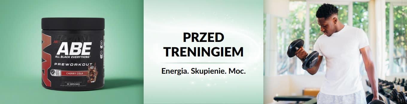 Baner iHerb przed treningiem przedstawiający mężczyznę podnoszącego ciężary, z odżywką przedtreningową na pierwszym planie.