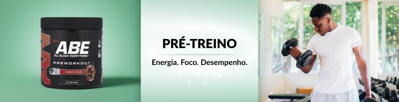 Banner de pré-treino da iHerb mostrando um homem treinando com pesos, com um produto em destaque à frente.