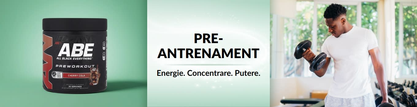 Banner iHerb pre-antrenament cu un bărbat ridicând greutăți, având în prim-plan un produs administrat pre-antrenament.