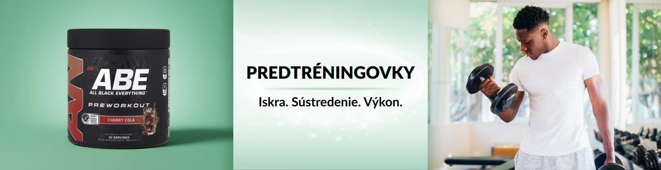 Baner iHerb venovaný predtréningovým doplnkom s mužom, ktorý dvíha činky, a predtréningovým produktom v popredí.