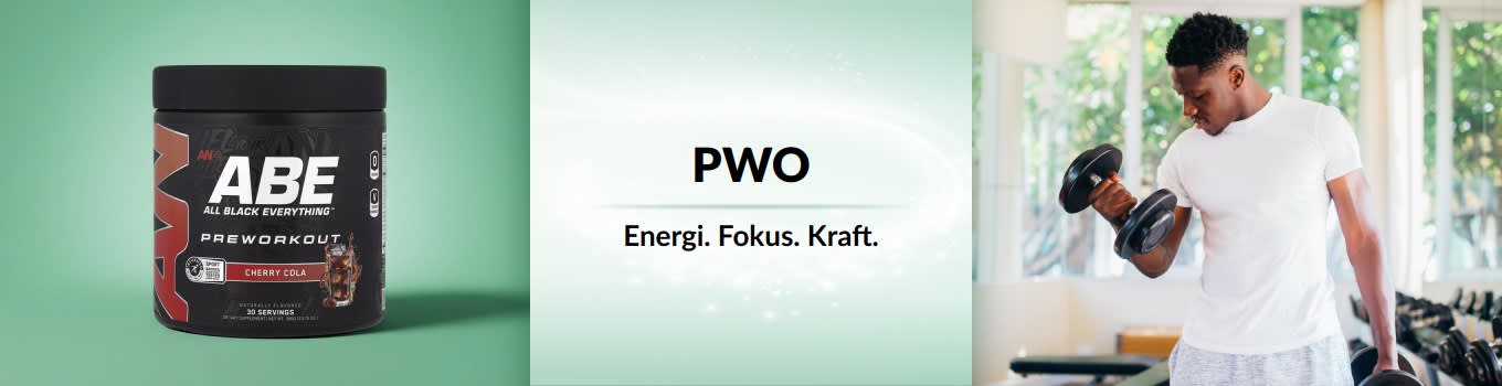 iHerb pre-workout-banner med en man som lyfter vikter med en pre-workoutprodukt i förgrunden.