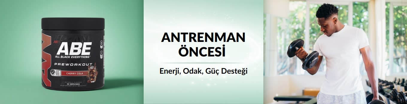 Ön planda bir antrenman öncesi ürünü, arka planda ise ağırlık kaldıran bir erkeğin yer aldığı iHerb Pre-Workout bannerı.